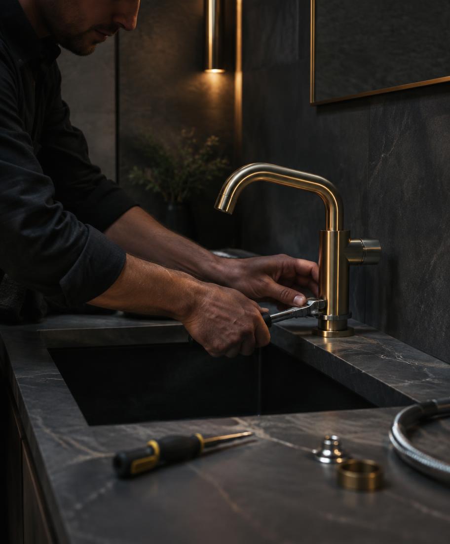 New kitchen faucet installed under a sink